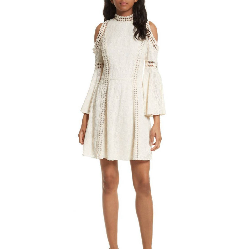 Alice + Olivia Enya Embroidered Ivory Cold Shoulder Dress 6 NEW Long Sleeve Mini